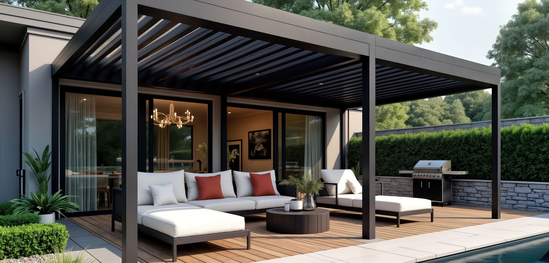Pergola avec panneaux solaires installée sur une terrasse moderne avec mobilier de jardin et piscine