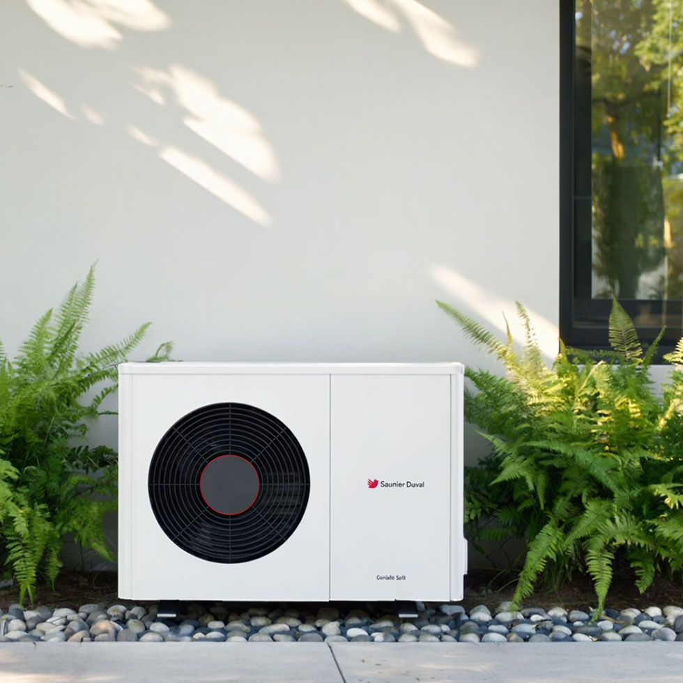 pompe à chaleur installée sur une terrasse devant une maison